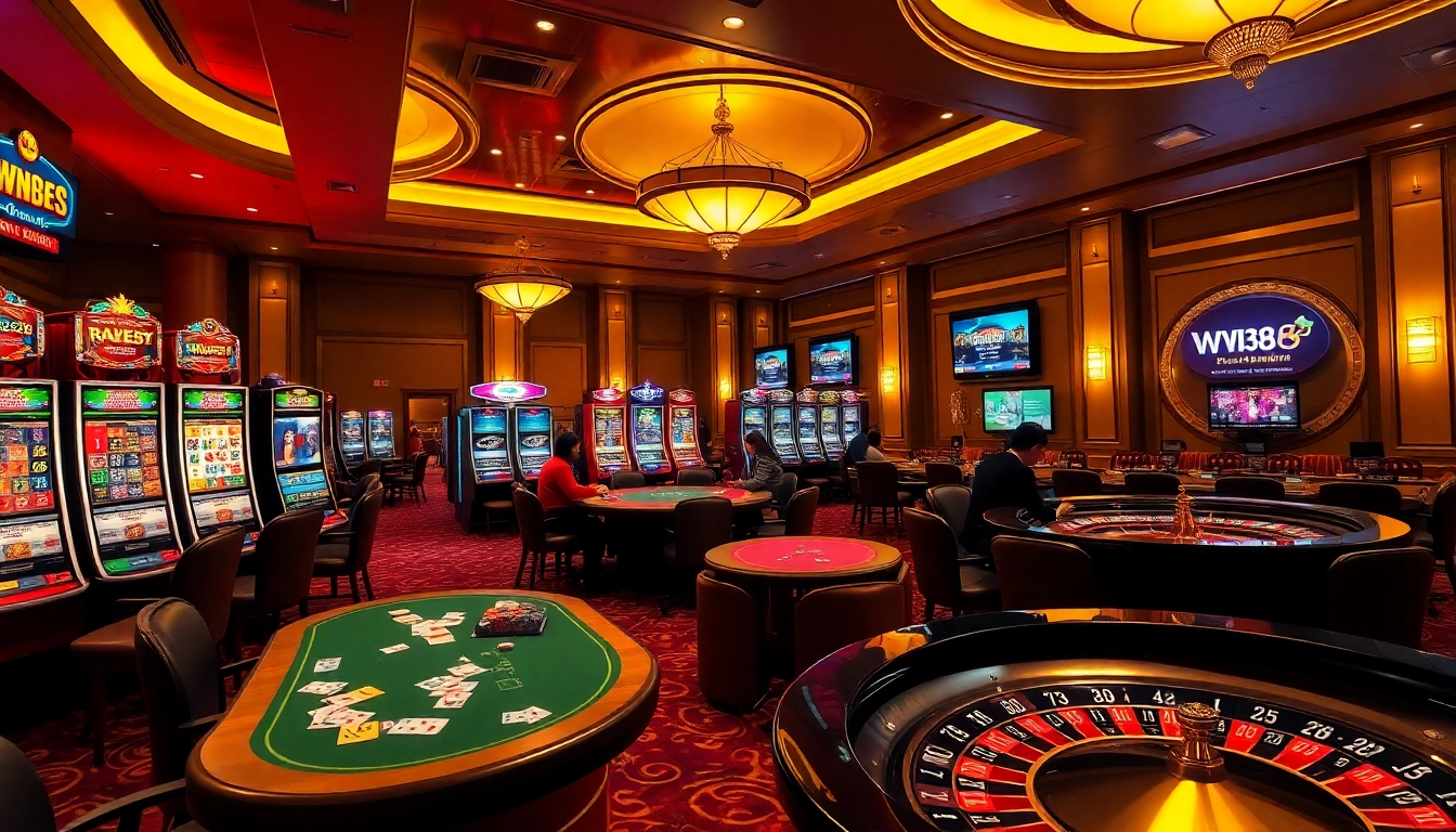 Engaging players at W188's vibrant casino tables showcasing roulette, poker, and slot machines.