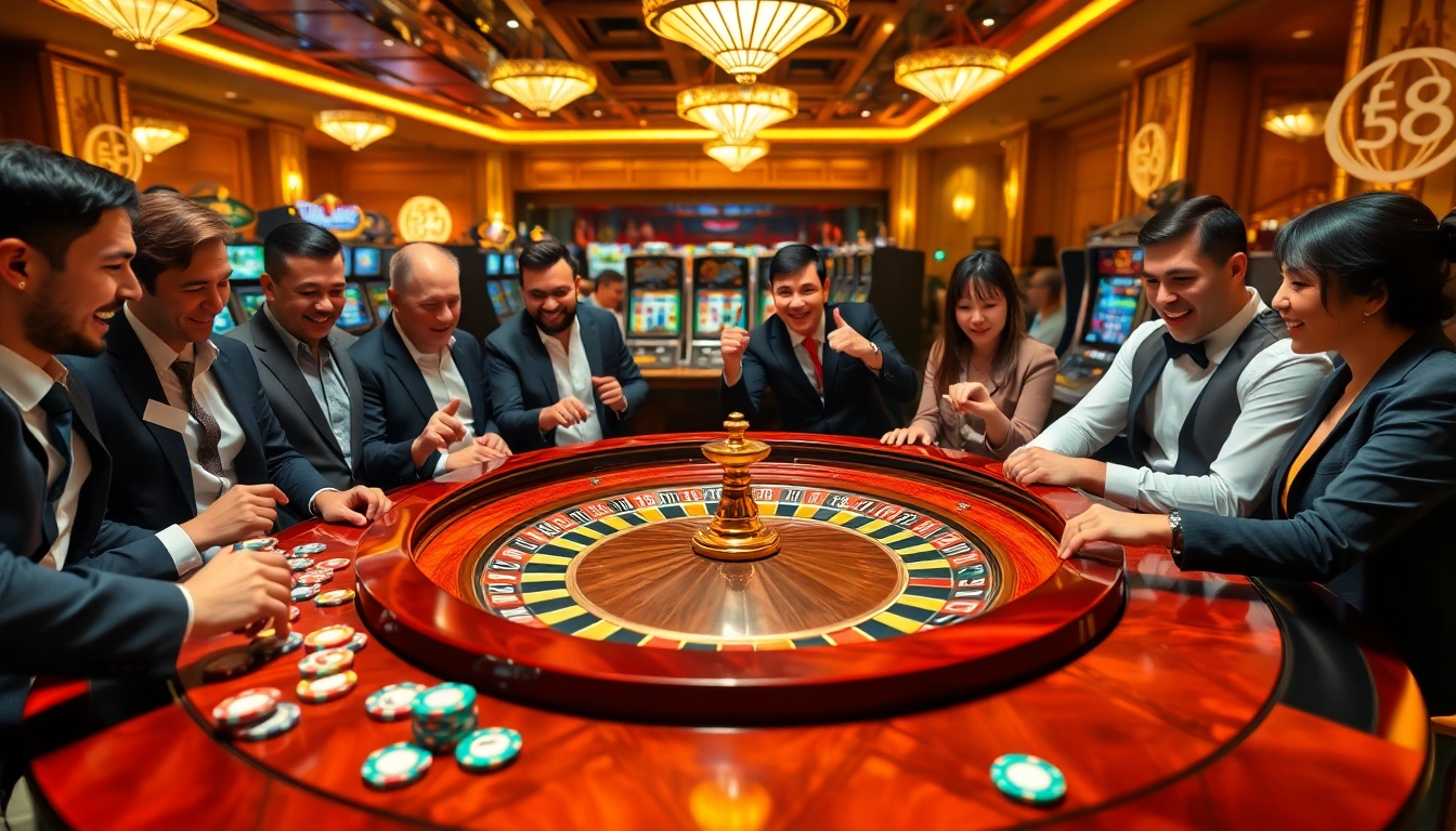 Action-packed gambling at nhà cái XX88 with vibrant roulette table and excited players.