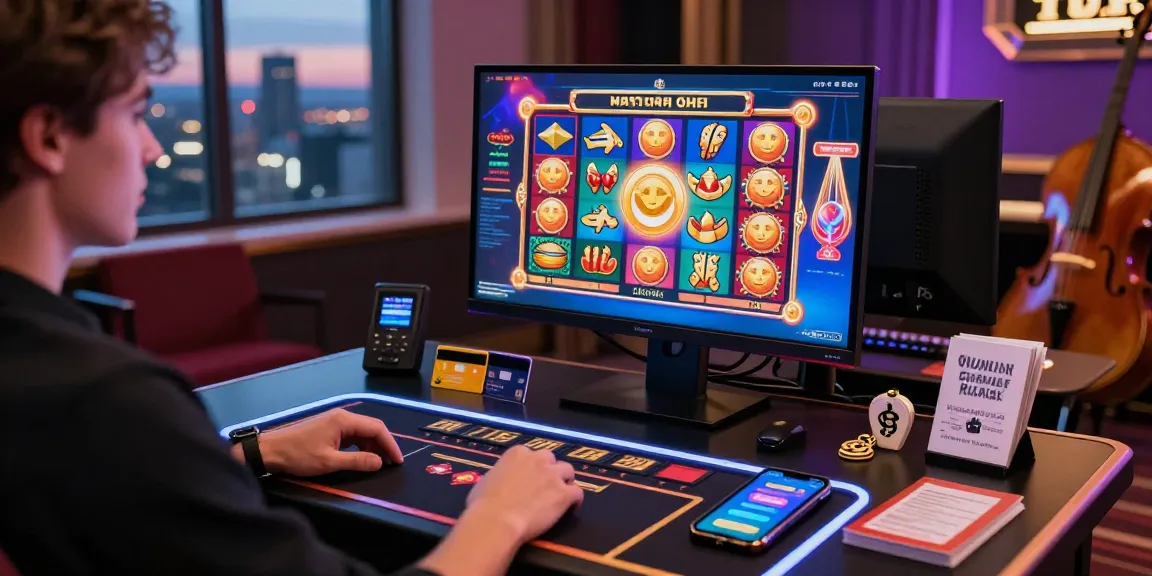 Player enjoying a credit card casino experience at https://mhfe.org.uk with vibrant slot games, gaming desk setup, and city skyline.