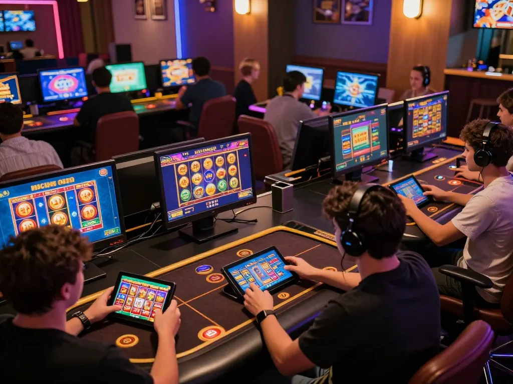Nổ hũ action in a dynamic online casino, players engaging with colorful slot screens and tablets.