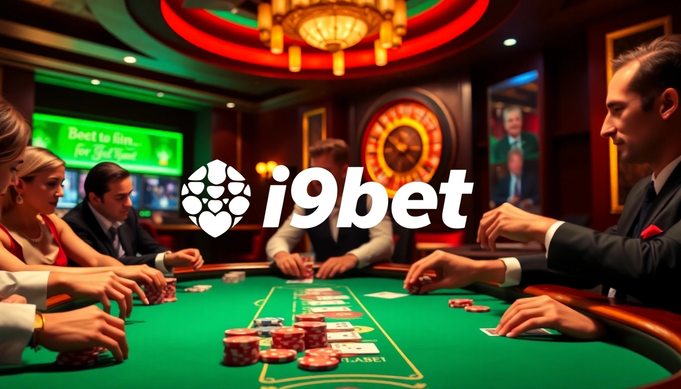 i9bet poker scene featuring excited players, vibrant chips, and a roulette wheel