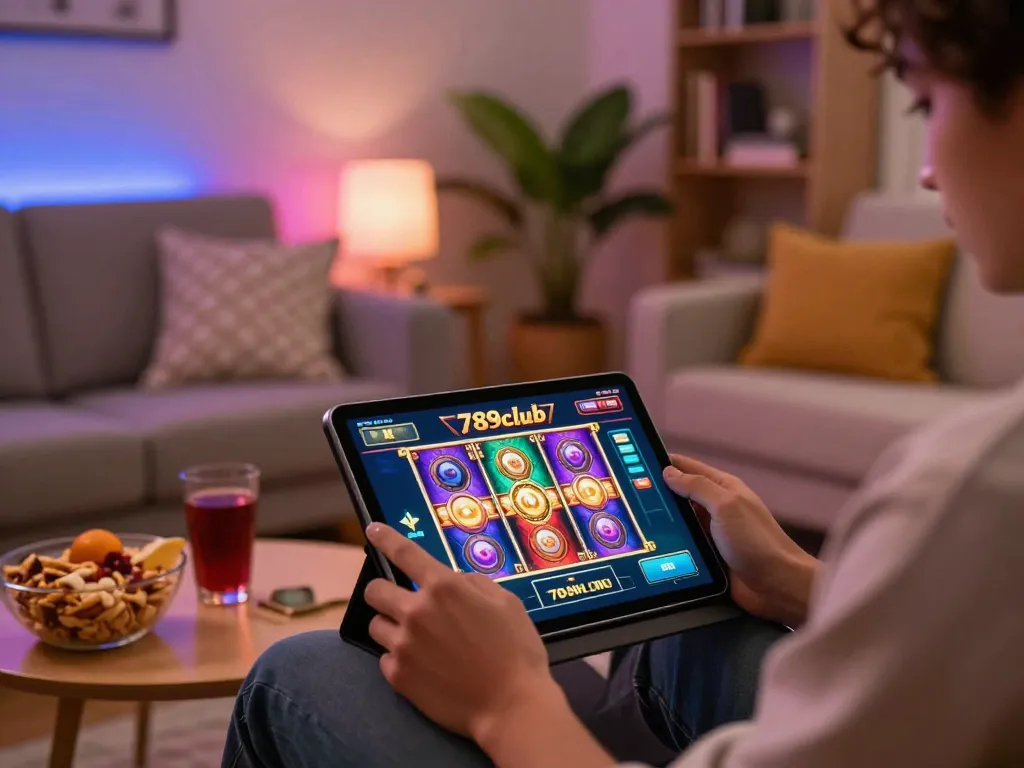 Engaging in 789club slot game on a tablet in a cozy living room setting