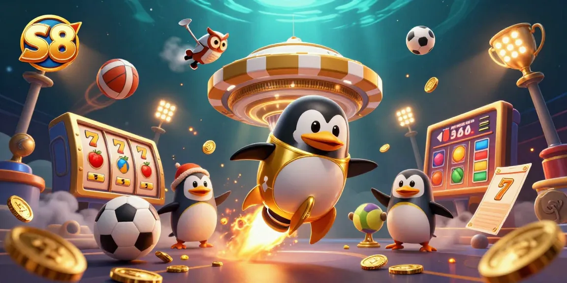 S8 casino action scene featuring a golden penguin, slot reels, and dynamic sports elements.