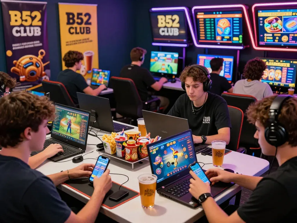 B52 Club mới nhất gaming experience with players engaging on devices in a vibrant casino environment.
