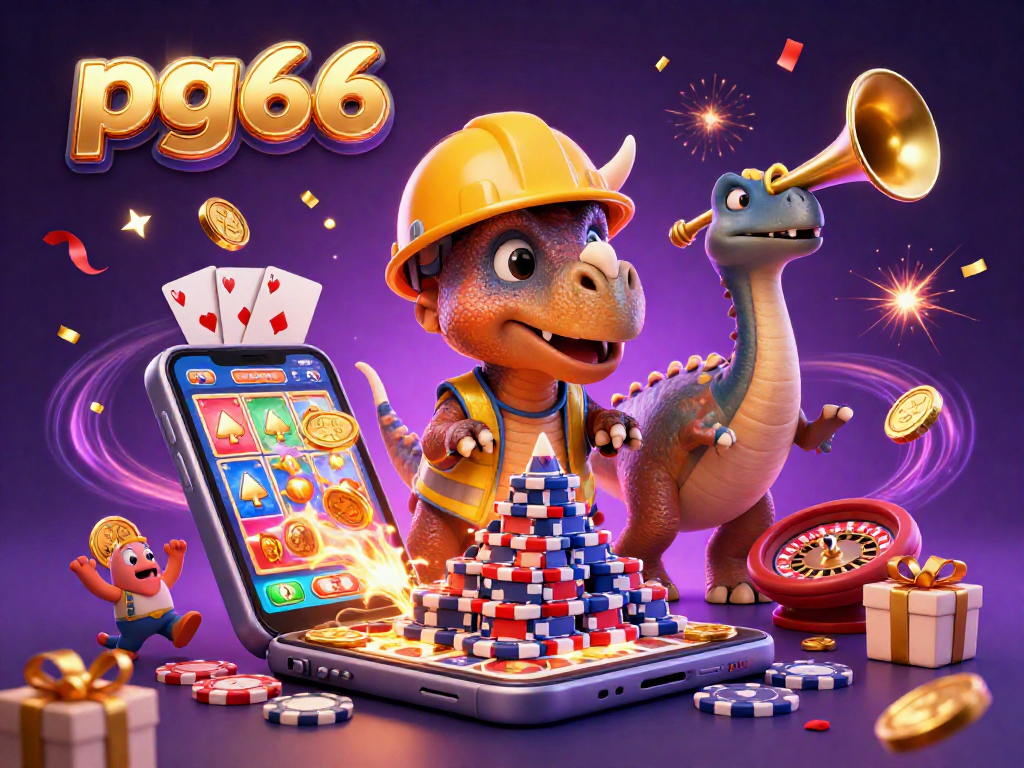 pg66 inspires victory in a vibrant gambling scene with triceratops building poker chip pyramids.