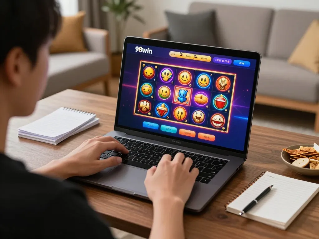 Engaging player exploring 98win online slots in a cozy home environment