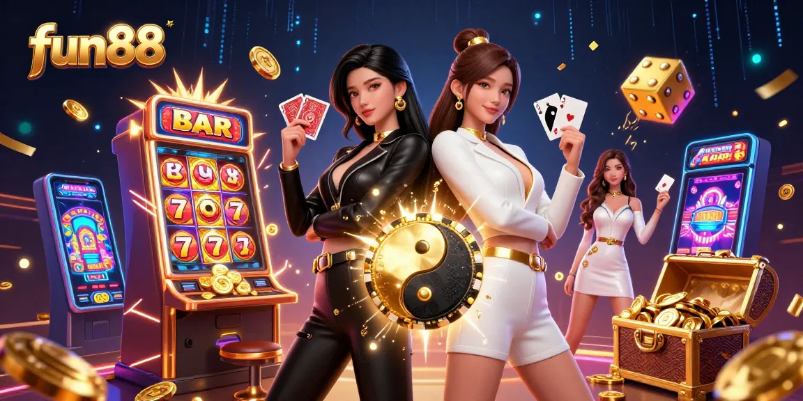 Engage in thrilling fun88 casino games with stunning visuals of twin Asian women holding playing cards.