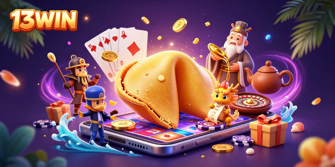 Engage with 13WIN for thrilling slots, revealing a golden fortune cookie and vibrant game elements.
