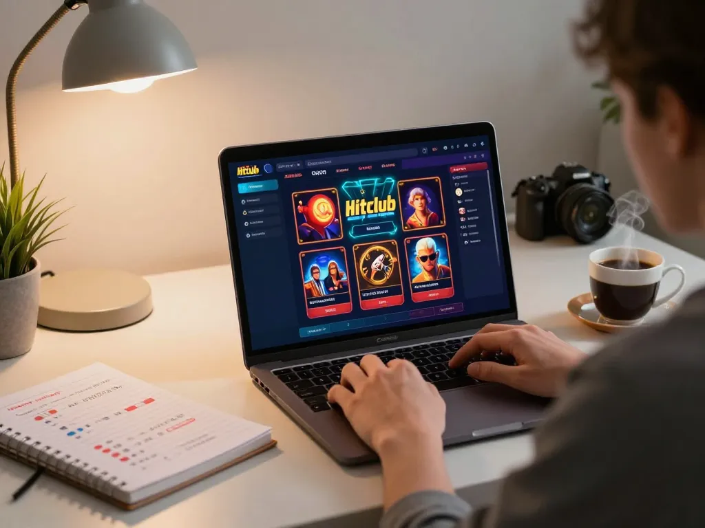 Engaging scene of Hitclub online gaming with a player using a laptop, showcasing betting strategies and casino games.