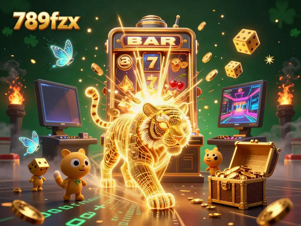 Experience thrilling casino excitement with 789fzx featuring a golden tiger, slot machine, and stunning visuals.