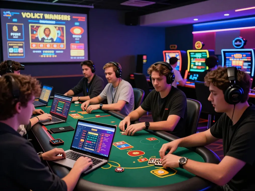 Engaged players at okwin.com enjoying vibrant casino games in a modern gaming lounge atmosphere.