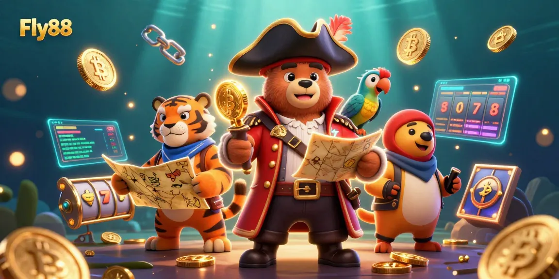 Engage with exciting Fly88 games featuring vibrant pirate characters amidst crypto visuals.