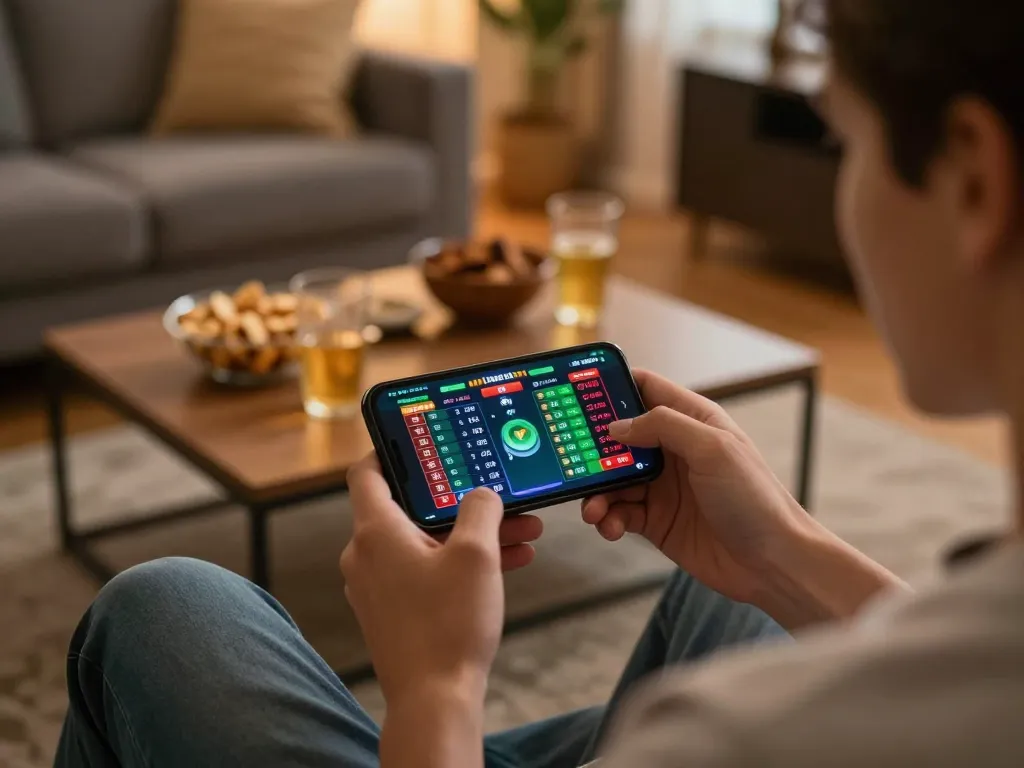 Gk88 player engaging in online sports betting on smartphone, showcasing dynamic gameplay and strategy.