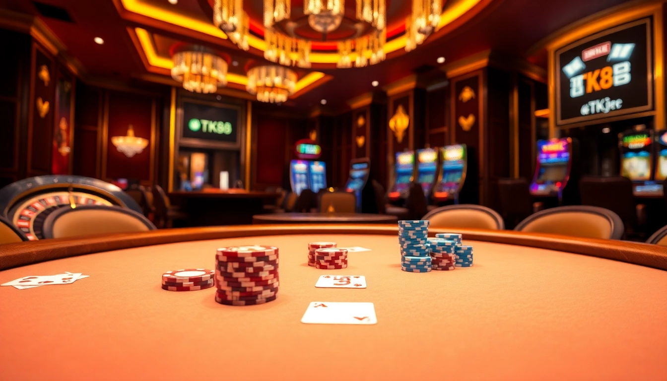 Engaging gaming scene at TK88 casino featuring poker and roulette tables.