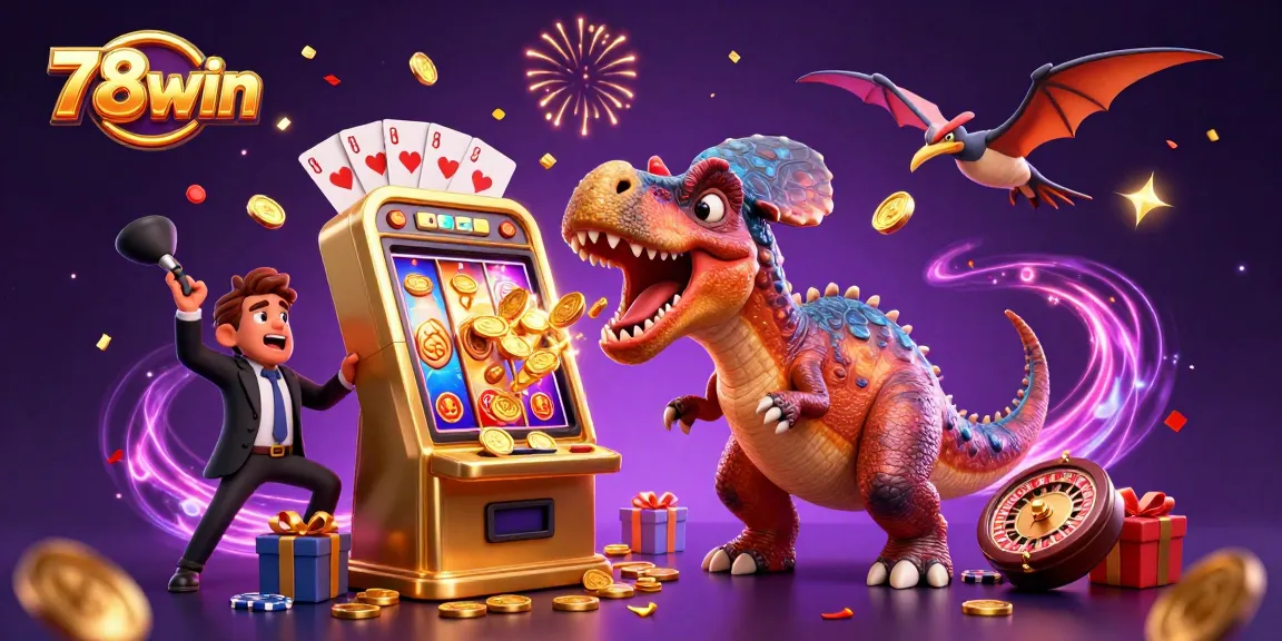 Join the excitement at 78win as a dinosaur wins big from a golden slot machine!