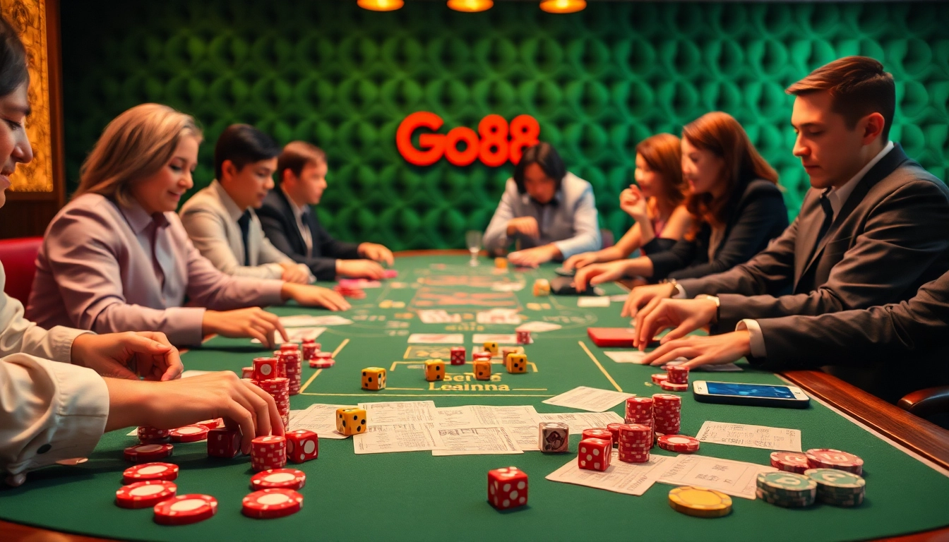 Engaging players at go88 tài xỉu table, vibrant game with colorful dice and chips.