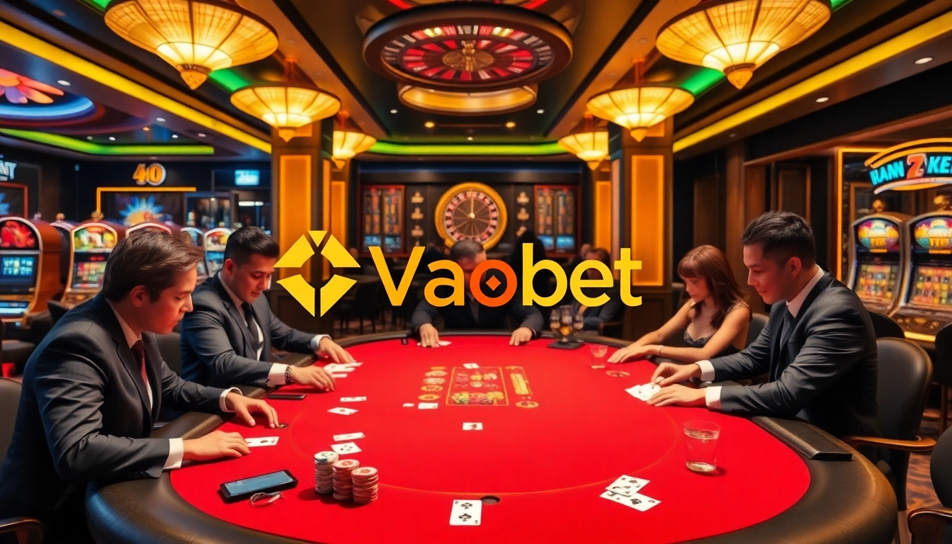 Players enjoying high-stakes poker at Vaobet, surrounded by vibrant casino elements.