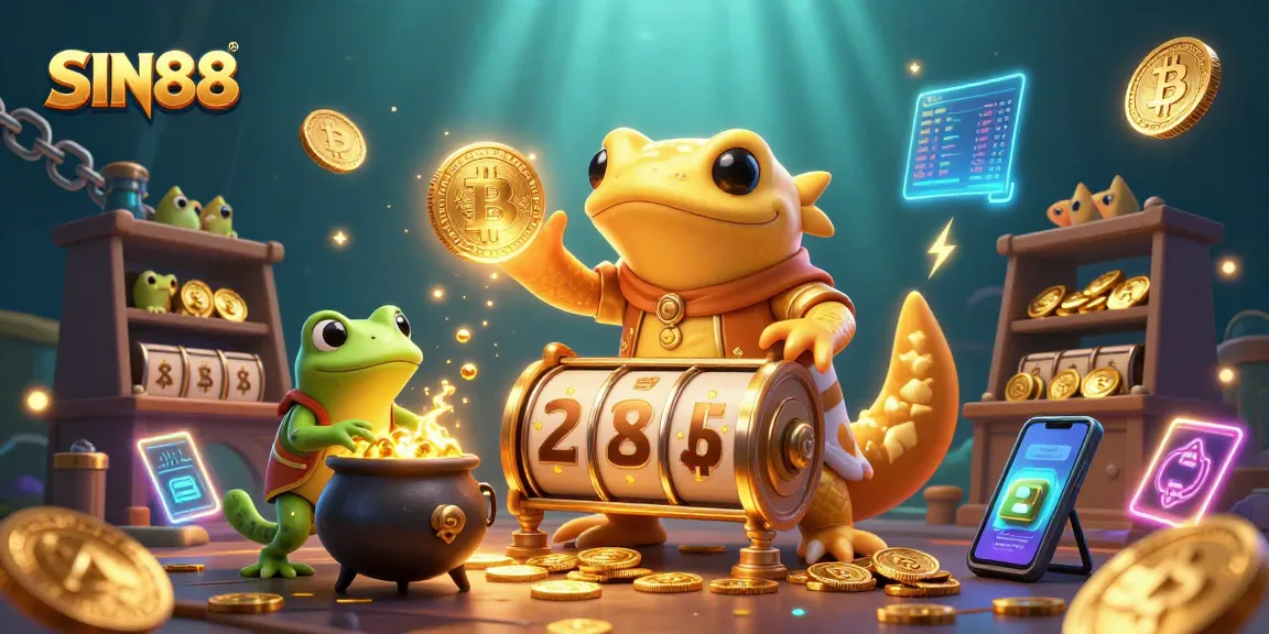 SIN88 features a golden salamander alchemist casting spells to create slot jackpots, surrounded by crypto elements.