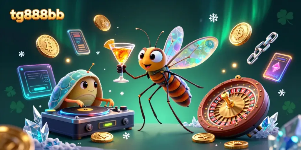 Experience the tg888bb casino magic with a uniquely vibrant 3D artwork featuring playful characters and crypto elements.