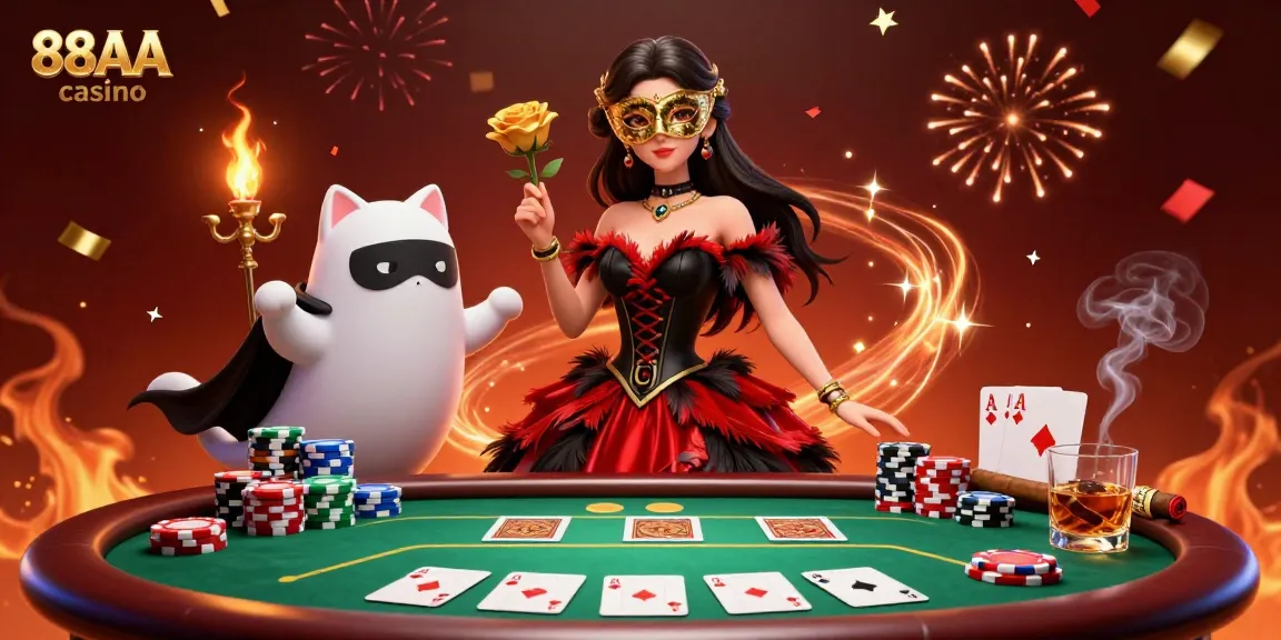 Experience the excitement of 88AA casino in this vibrant 3D scene showcasing a glamorous player and rich poker elements.