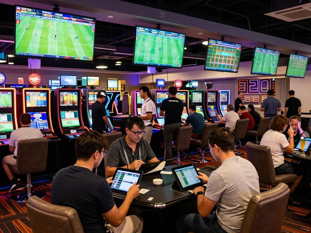 KQBD sports betting patrons engaging with live match odds on screens, vibrant casino ambiance