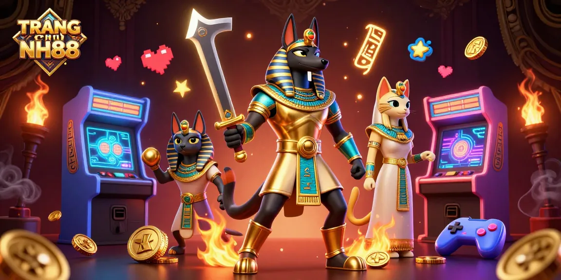 Engage with TRANG CHỦ NH88 through a vibrant scene of Anubis and Bastet amidst lively gaming elements.