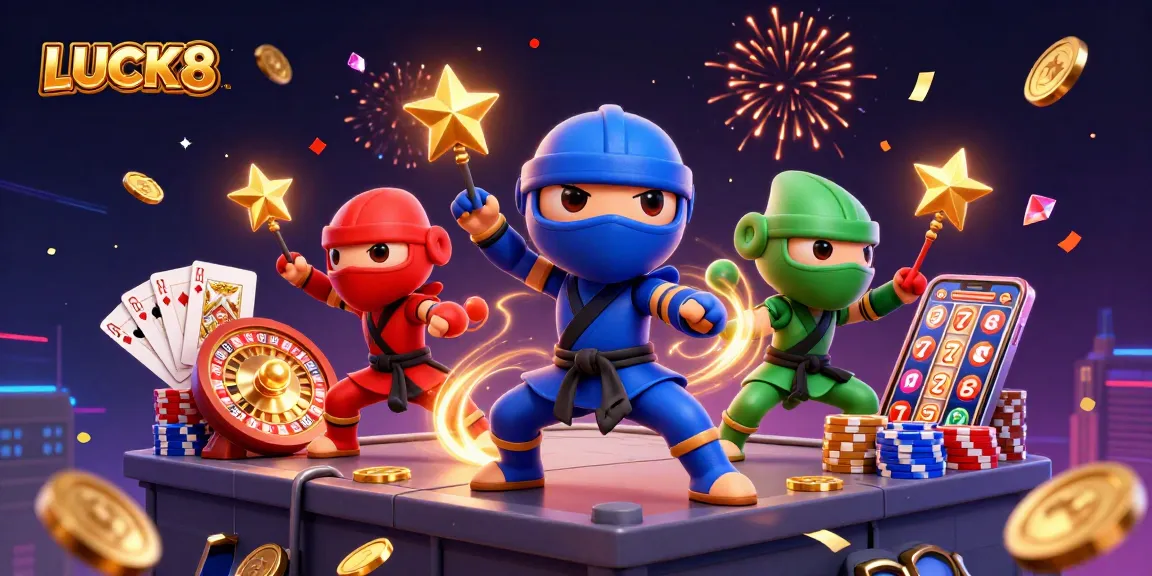 LUCK8 showcases a vibrant casino scene with ninja chameleons and dynamic game elements, creating excitement.