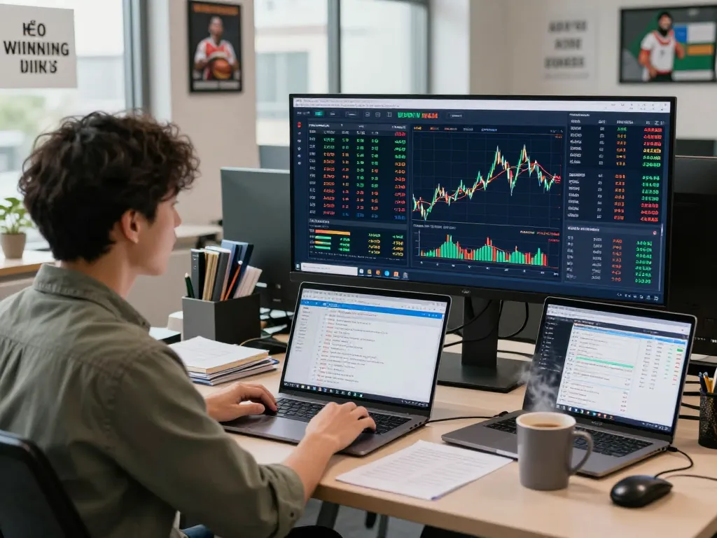 Real-time kèo nhà cái analysis with a sports betting analyst focused on dynamic data in a modern office setting.