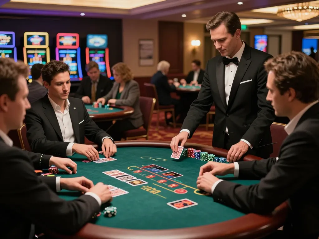 Engaged players at blackjack tables on trang chủ hm88 in luxurious casino setting with warm lighting