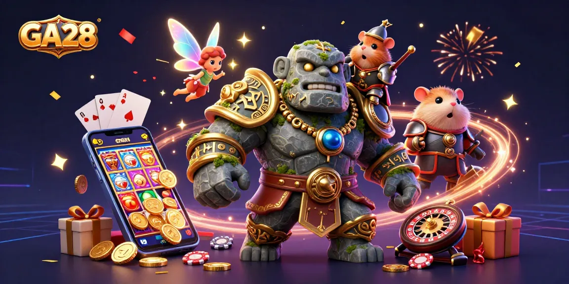 Experience excitement at GA28 with vibrant slot games and magical characters in a lively casino scene.
