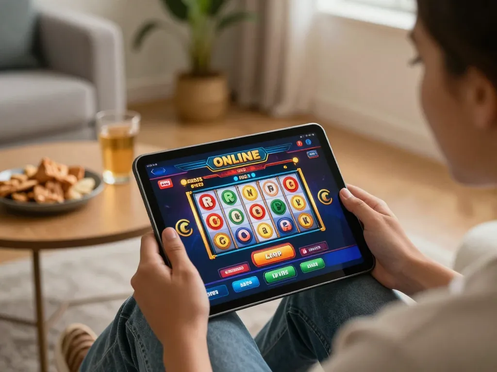 Engaging with the vibrant BET168 online casino app on a tablet during a cozy evening.