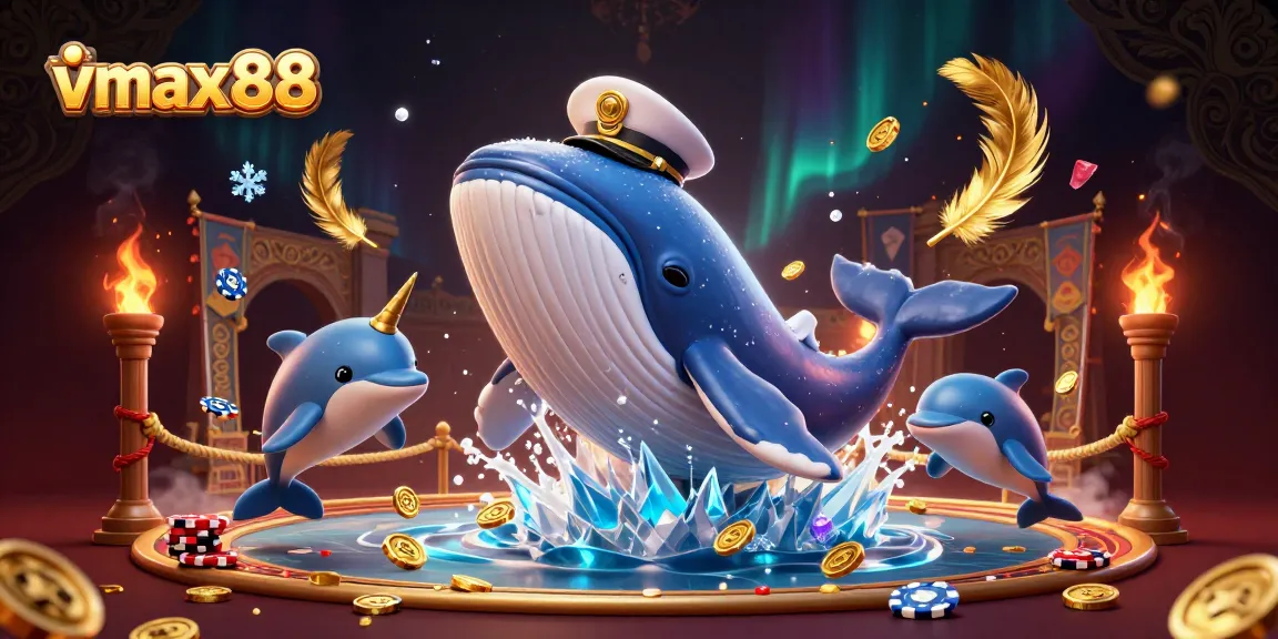 Experience the thrill of vmax88 with a spectacular ocean scene featuring a captain whale and playful dolphins.