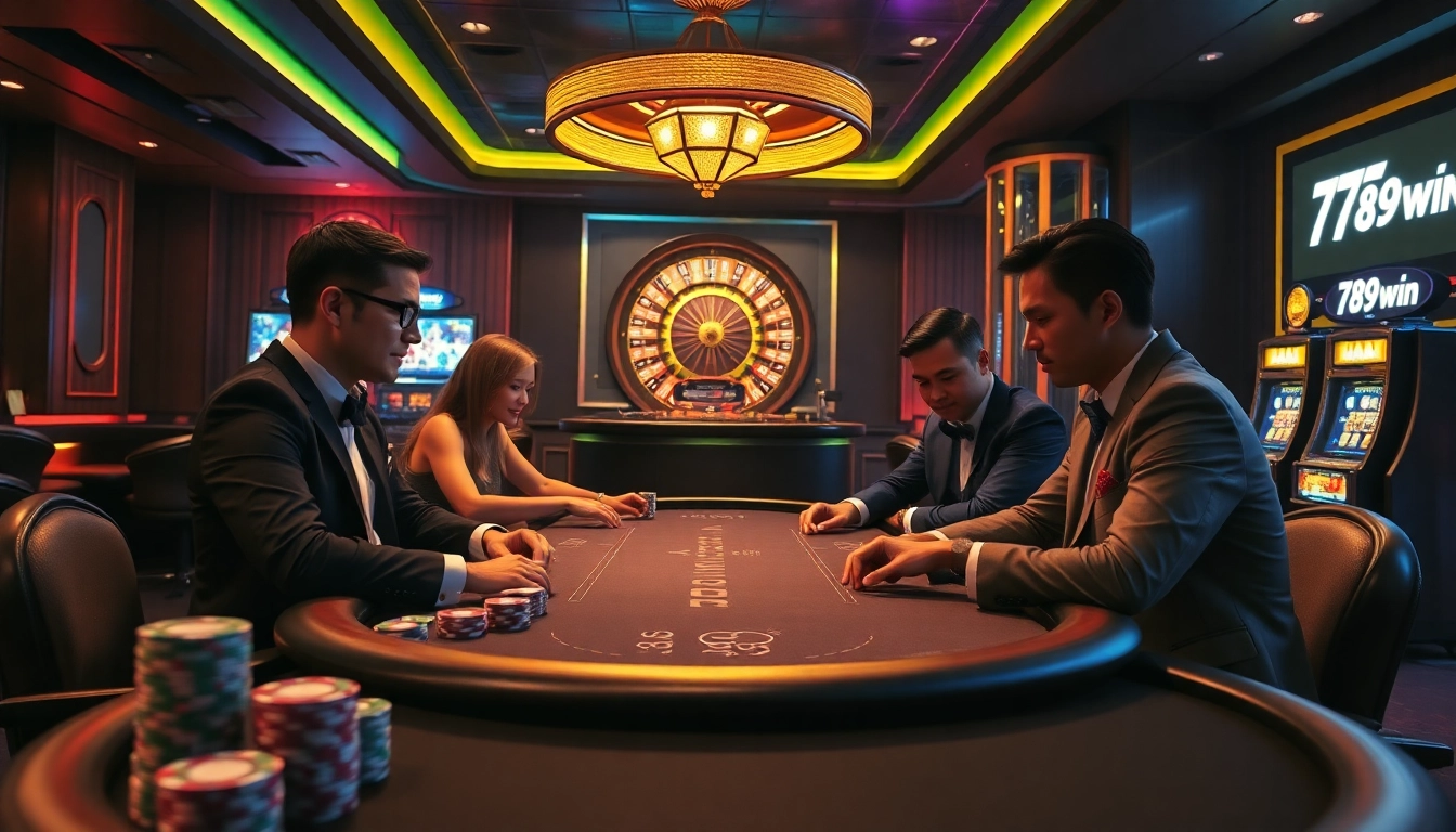 Experience the thrill of high-stakes gambling at 789win's luxurious casino scene with poker tables and vibrant slot machines.
