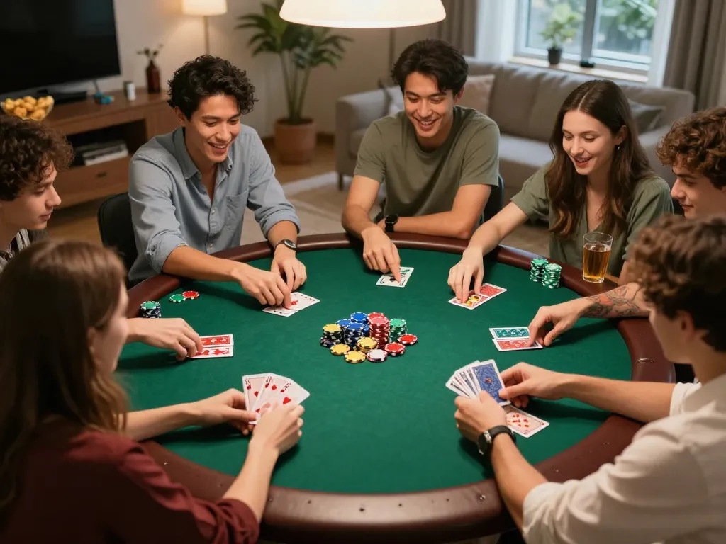Playing a thrilling home poker game with friends on taya777app, showcasing strategic card hands and vibrant atmosphere