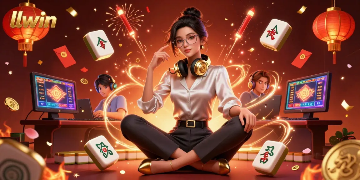 Experience the thrill of gaming at llwin with an elegant Asian woman at a high-tech gaming setup.