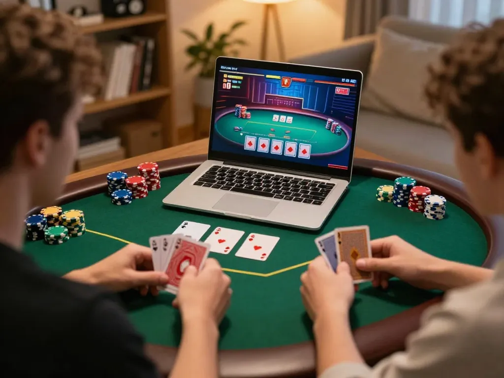 va88 player engaging in online poker session showcasing strategic gameplay in a cozy home setting