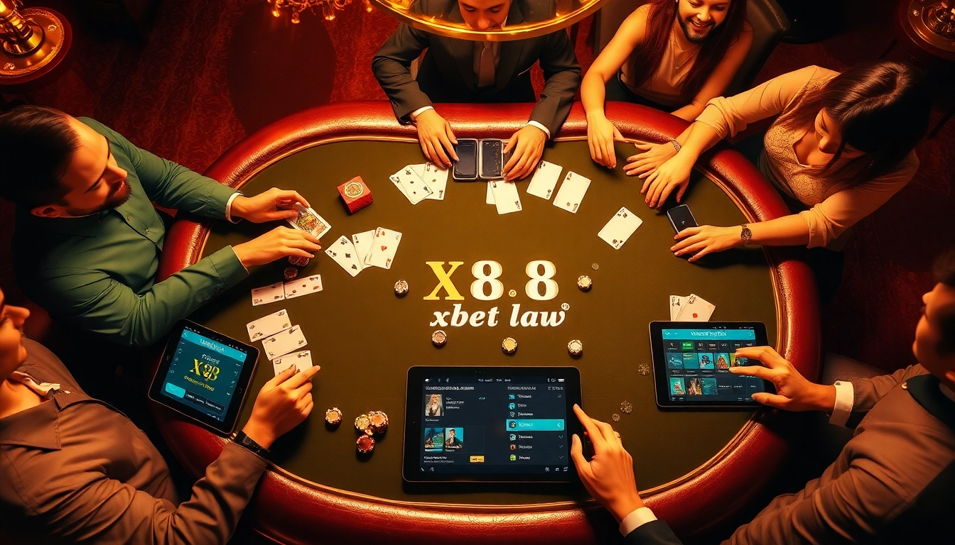 Engage in thrilling poker at a luxurious casino with https://x88.law/ betting options visible on a sleek tablet.