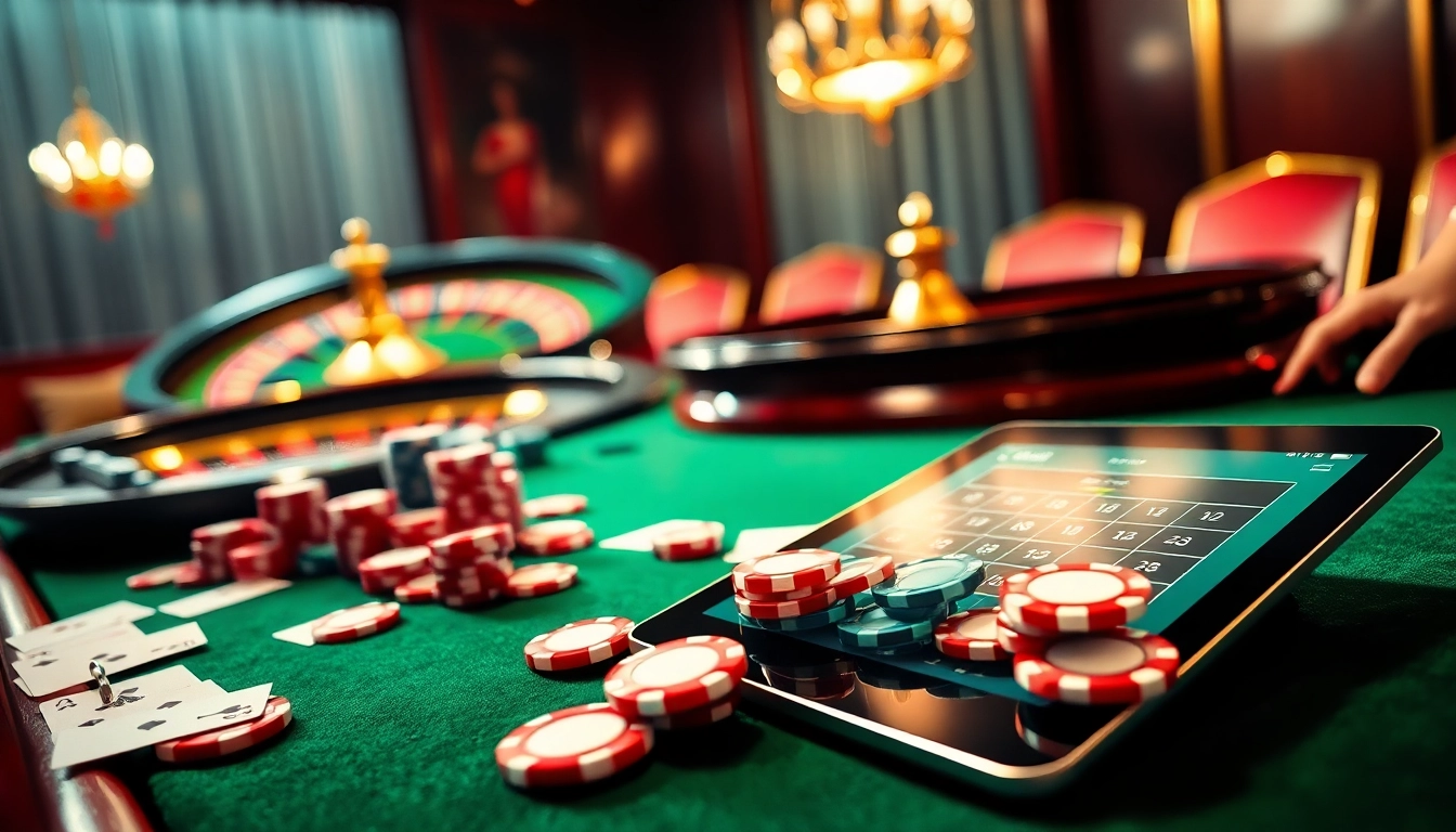 Play poker and roulette at FUN88 in a luxurious casino setting, showcasing excitement and rich colors.