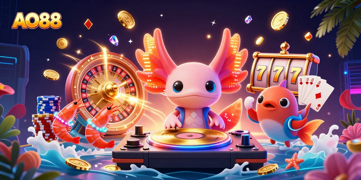 Engage with the vibrant AO88 casino world featuring an axolotl DJ and dynamic game elements.