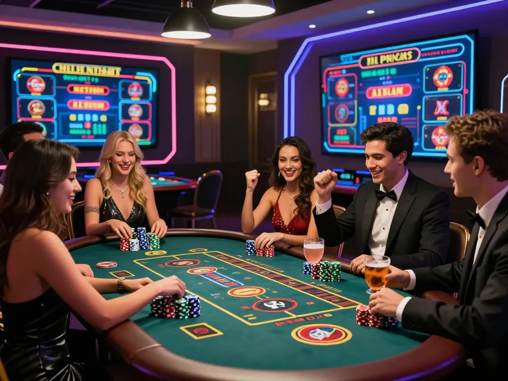 Exciting scene of friends enjoying online gambling at nhà cái TG88 virtual casino with modern decor and high-stakes atmosphere.