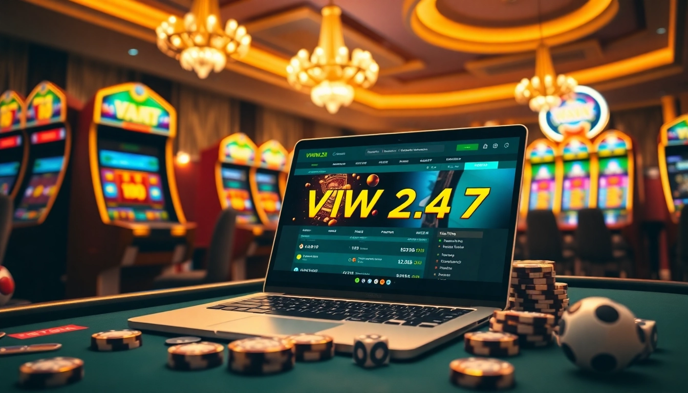 Experience the excitement of VIPWIN 24 7 at a luxurious online casino scene with poker chips and vibrant slot machines.