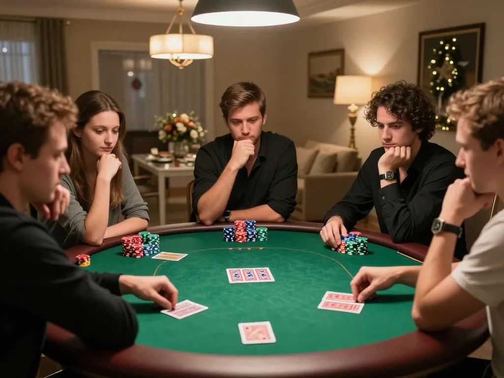 Players strategizing at a poker table in a cozy home environment, showcasing the luck8 gaming experience.