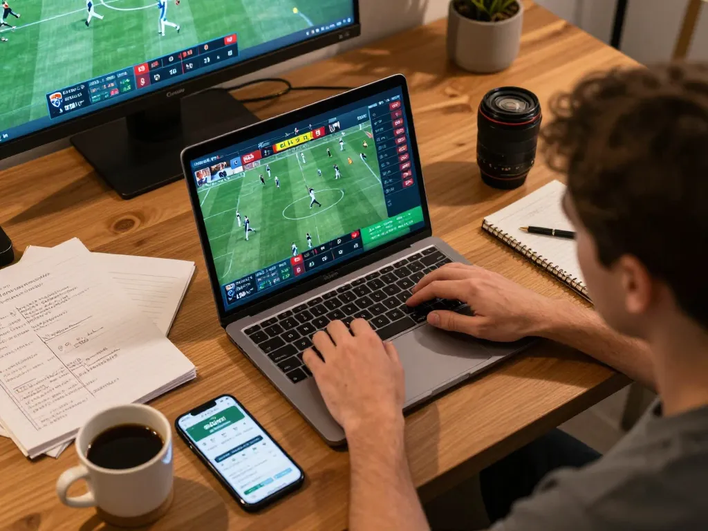 Sbobet user analyzing sports betting stats on laptop with strategy notes in a cozy home setup.