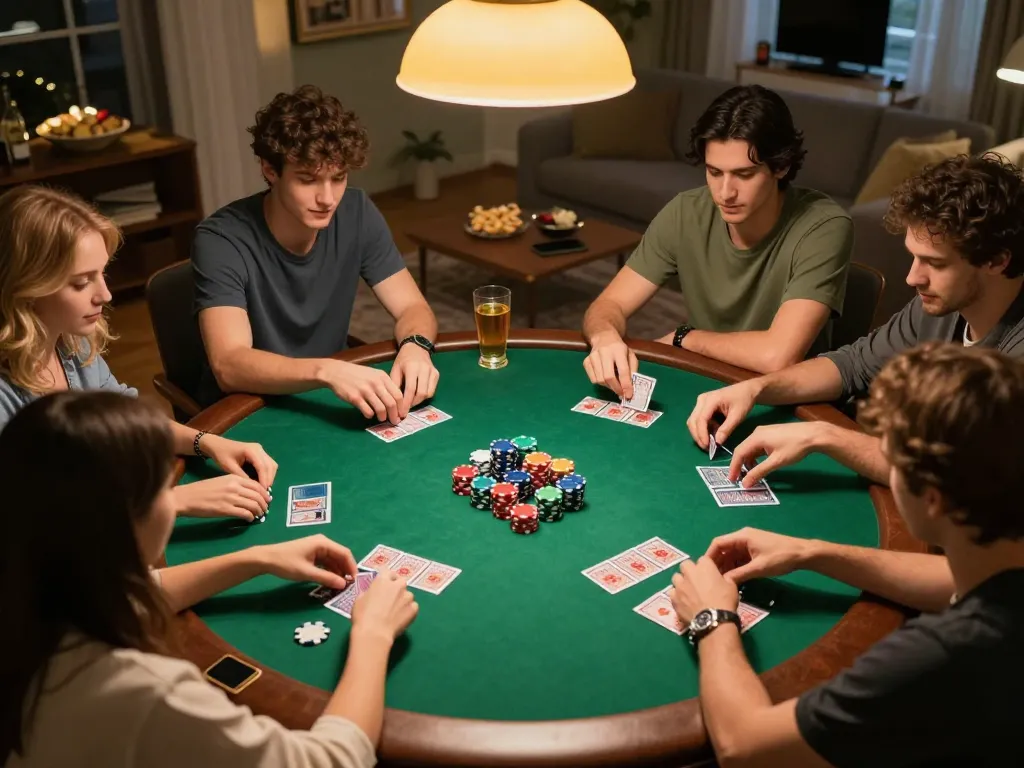 Friends enjoying a poker night with FLY88, vibrant chips and cards enhancing the gaming atmosphere