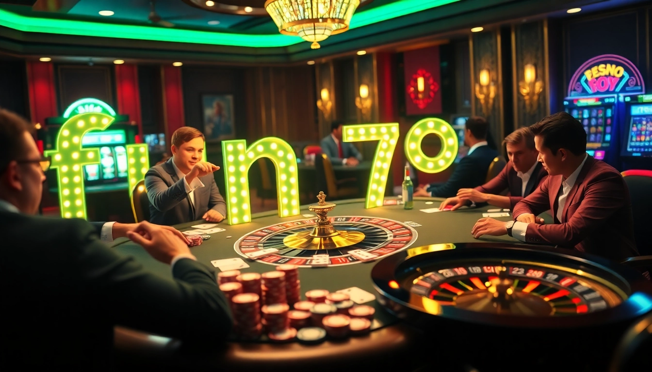 Excitement at the casino table showcasing fun79 with poker chips, cards, and roulette wheel in a luxurious setting.