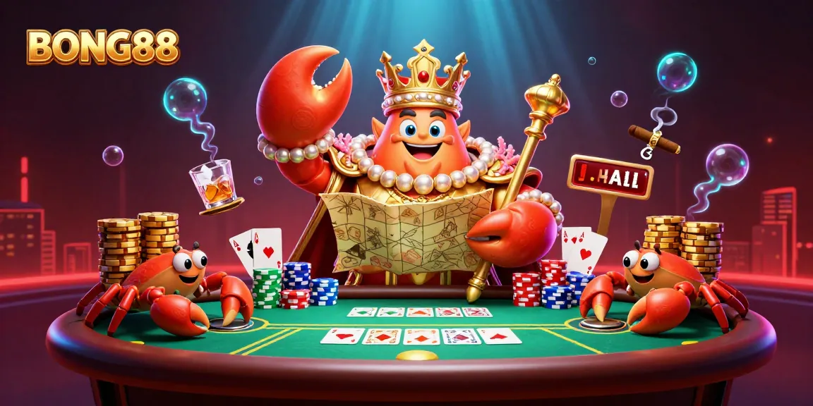 BONG88 casino scene with a golden crab emperor, poker elements, and vivid underwater effects.