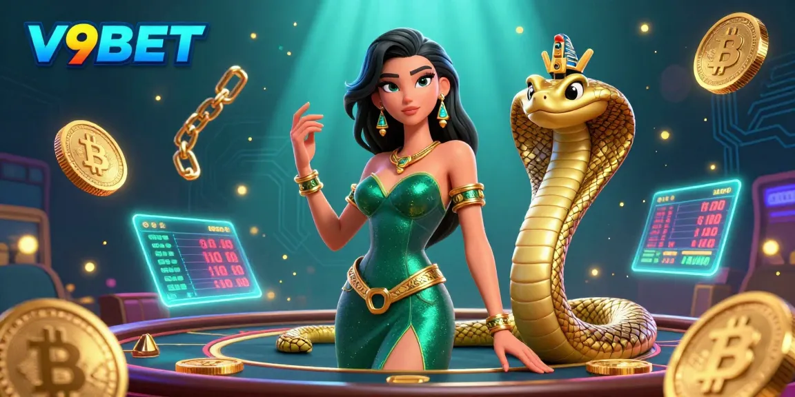 Experience thrilling gaming with V9BET, set in a vibrant 3D casino scene filled with cryptocurrency elements.