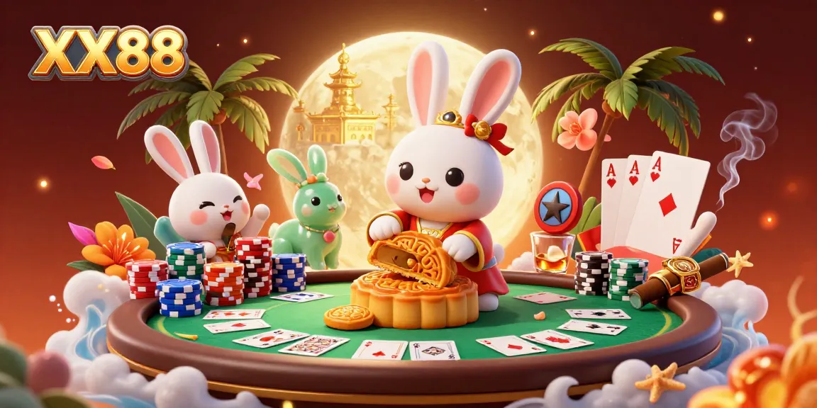Experience the excitement of XX88 with animated moon rabbits playing poker amidst stunning moonlit scenery.