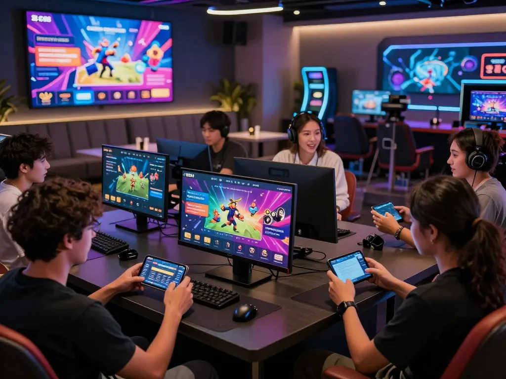 Engaging scene of gamers using https://sc88e.com/ mobile app in a modern virtual lounge, showcasing vibrant gaming interactions.