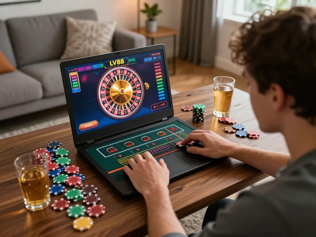 Player engaging with LV88 online casino, focused on roulette gameplay in a cozy home environment.
